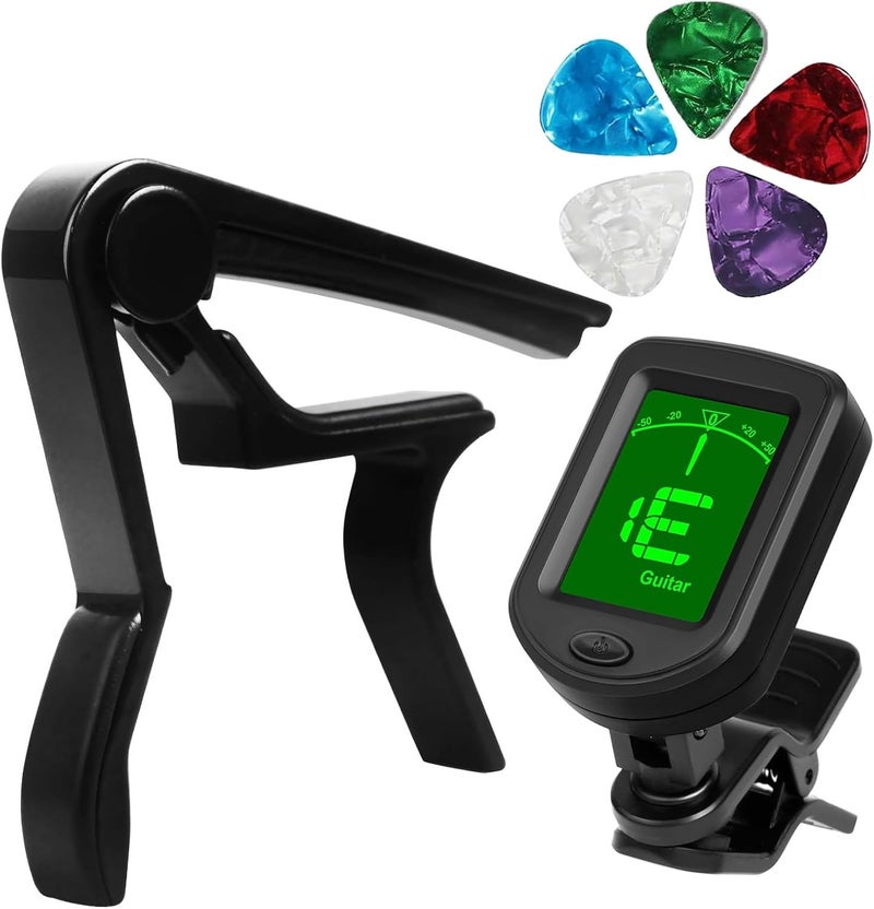 JINWEE Clip-On Guitar Tuner, Buzzing-Free Guitar Capo,Quick Release capo for Acoustic Guitar, Bass, Ukulele, Violin with 5Pcs Pick. - Image 1